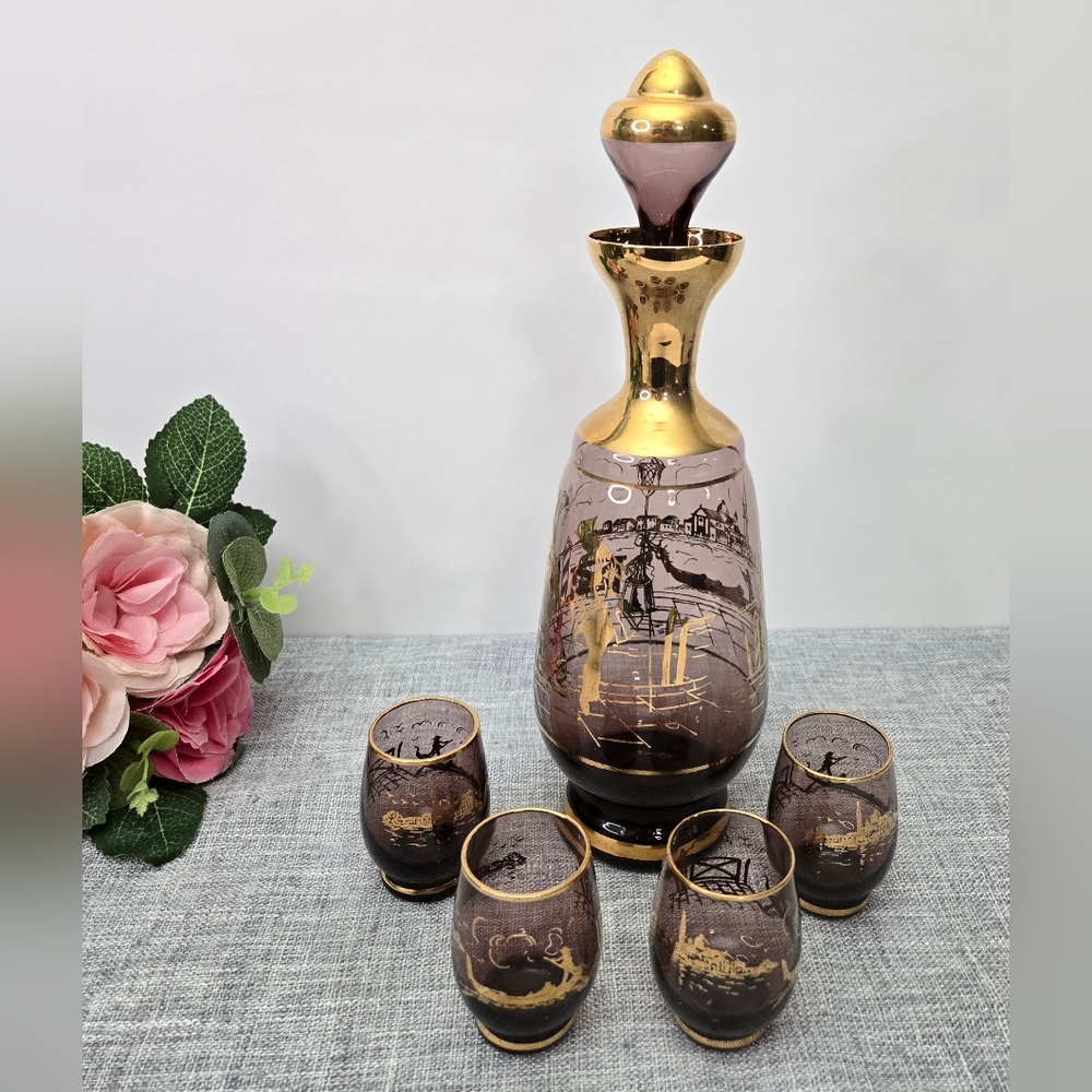 Vintage‎ Amethyst & Gold Murano Glass Decanter Set 5 pieces Venetian Scene